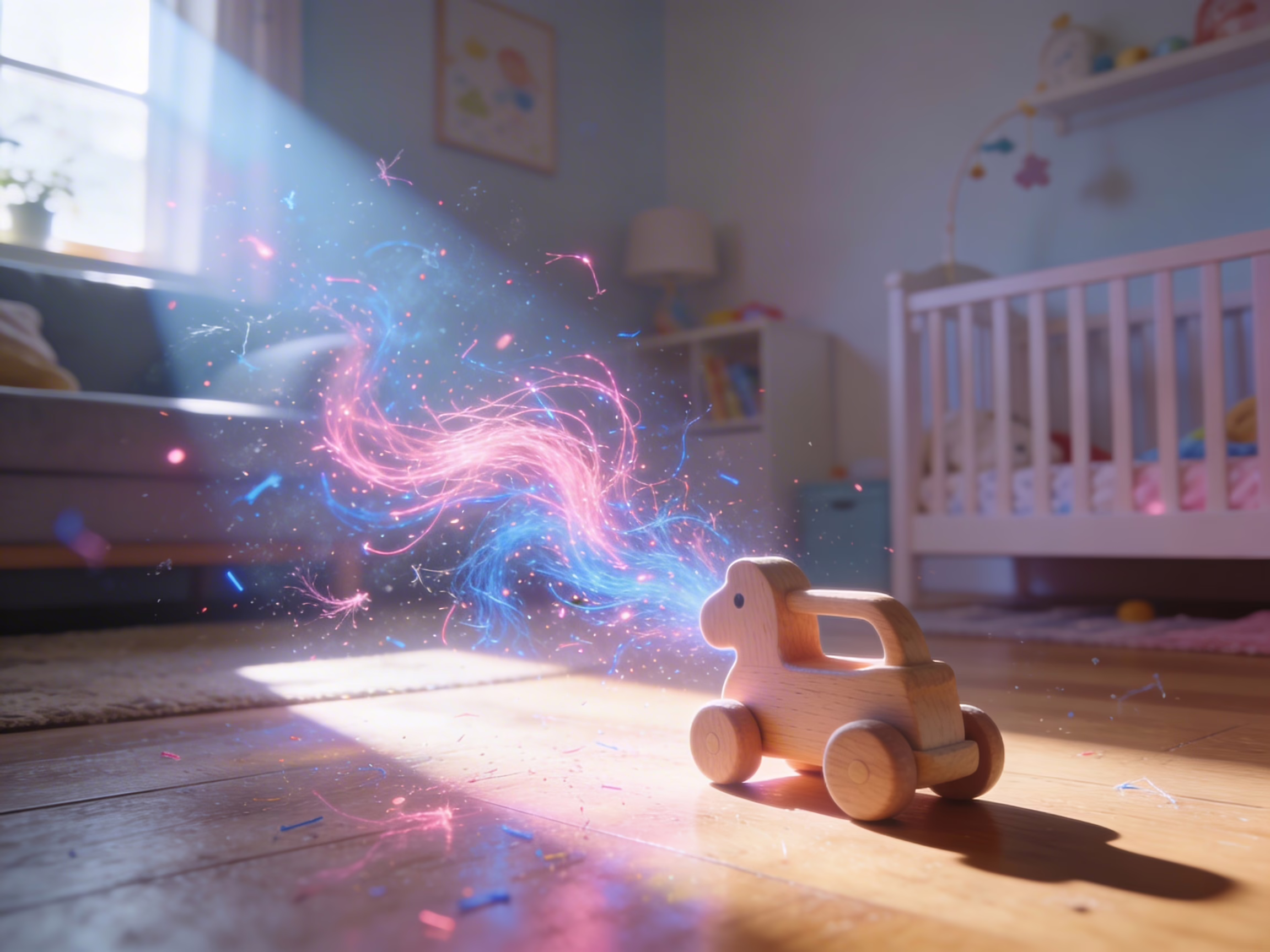 A sunbeam hits a wooden floor showing microplastics