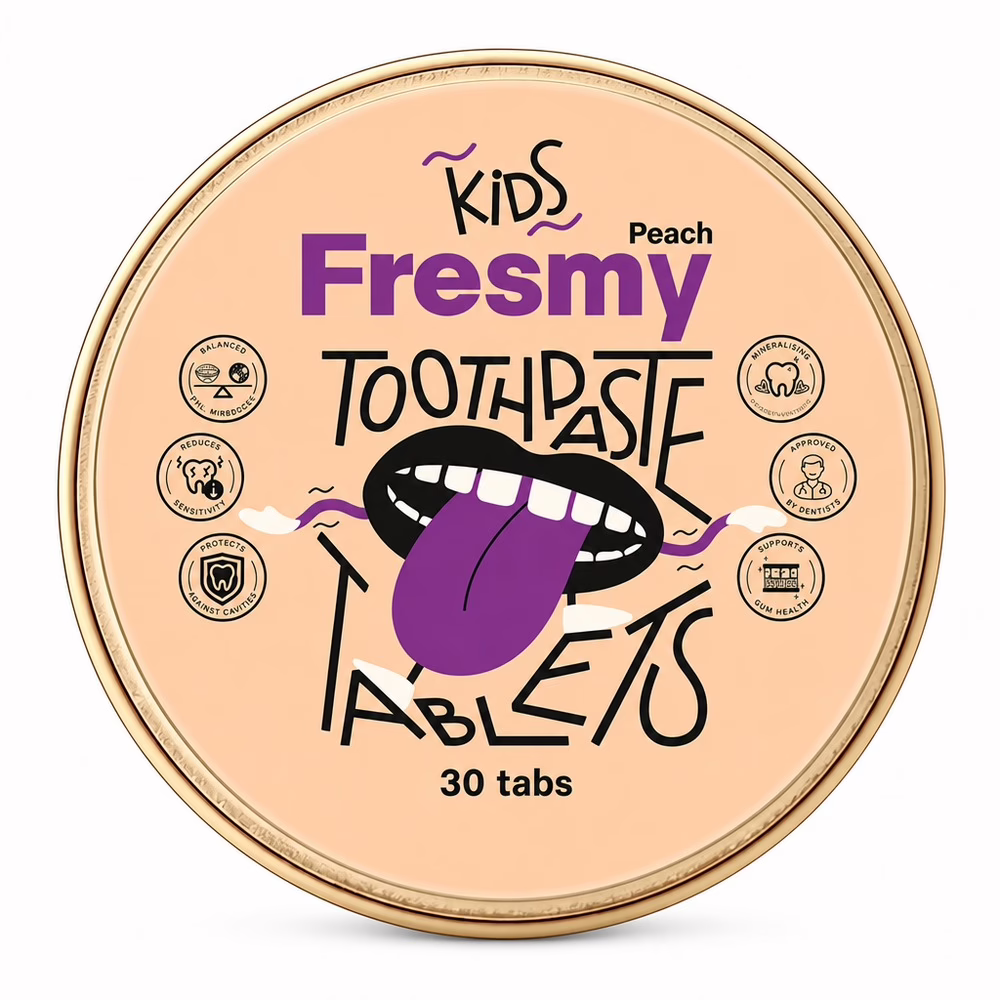 Fresmy-Tandpasta-Tablets-Kids-Perzik-–-30-stuks-Deksel-voorkant