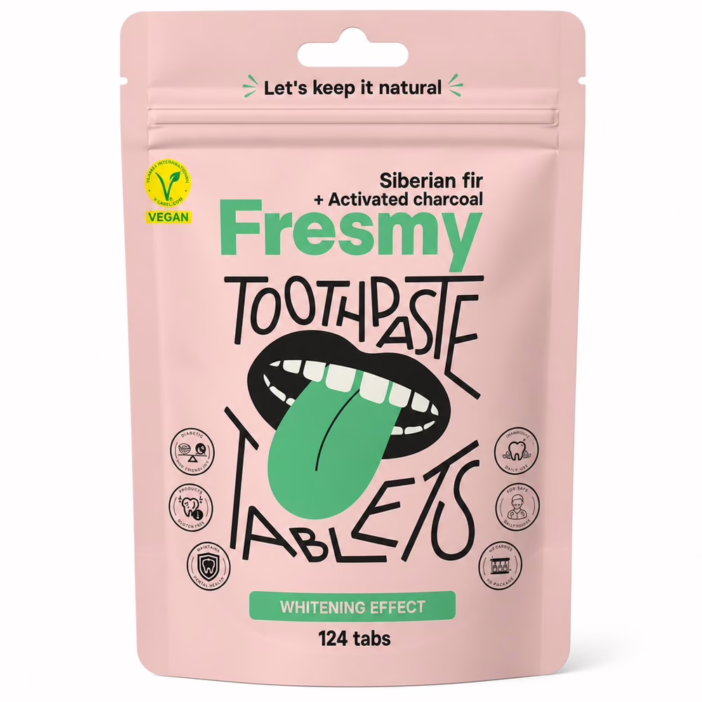 Fresmy-Tandpasta-Tablets-–-Siberian-Fir-Charcoal-–-124-stuks-Zak-voorkant