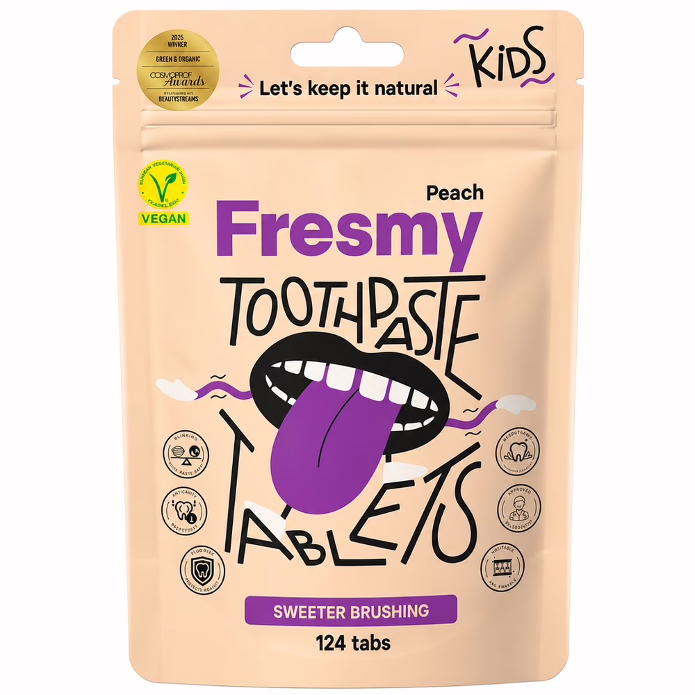 Fresmy-Tandpasta-Tablets-voor-Kids-–-Perzik-–-124-stuks124-stuks-Doosje-voorkant