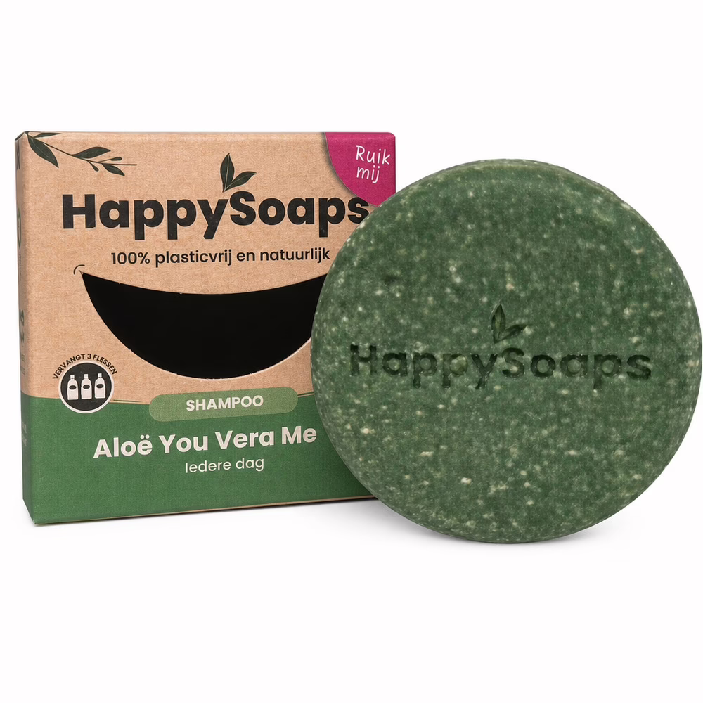 HappySoaps - Shampoo Bar – Aloe Vera – Aloe You Vera Much - Doosje en shampoo bar