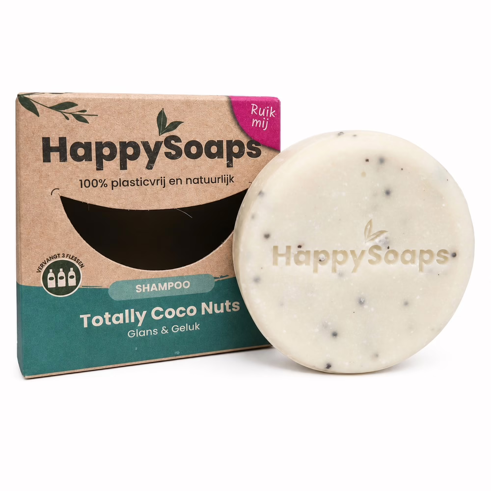 HappySoaps - Shampoo Bar – Totally Coco Nuts – Pure Voeding & Glans - Doosje en zeep