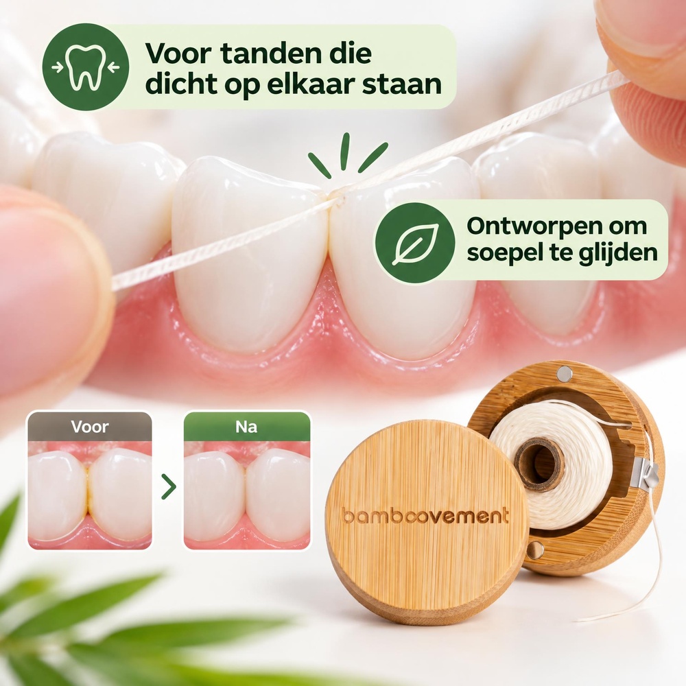 Bamboovement-plasticvrije- flosdraad- tanden dicht bij elkaar