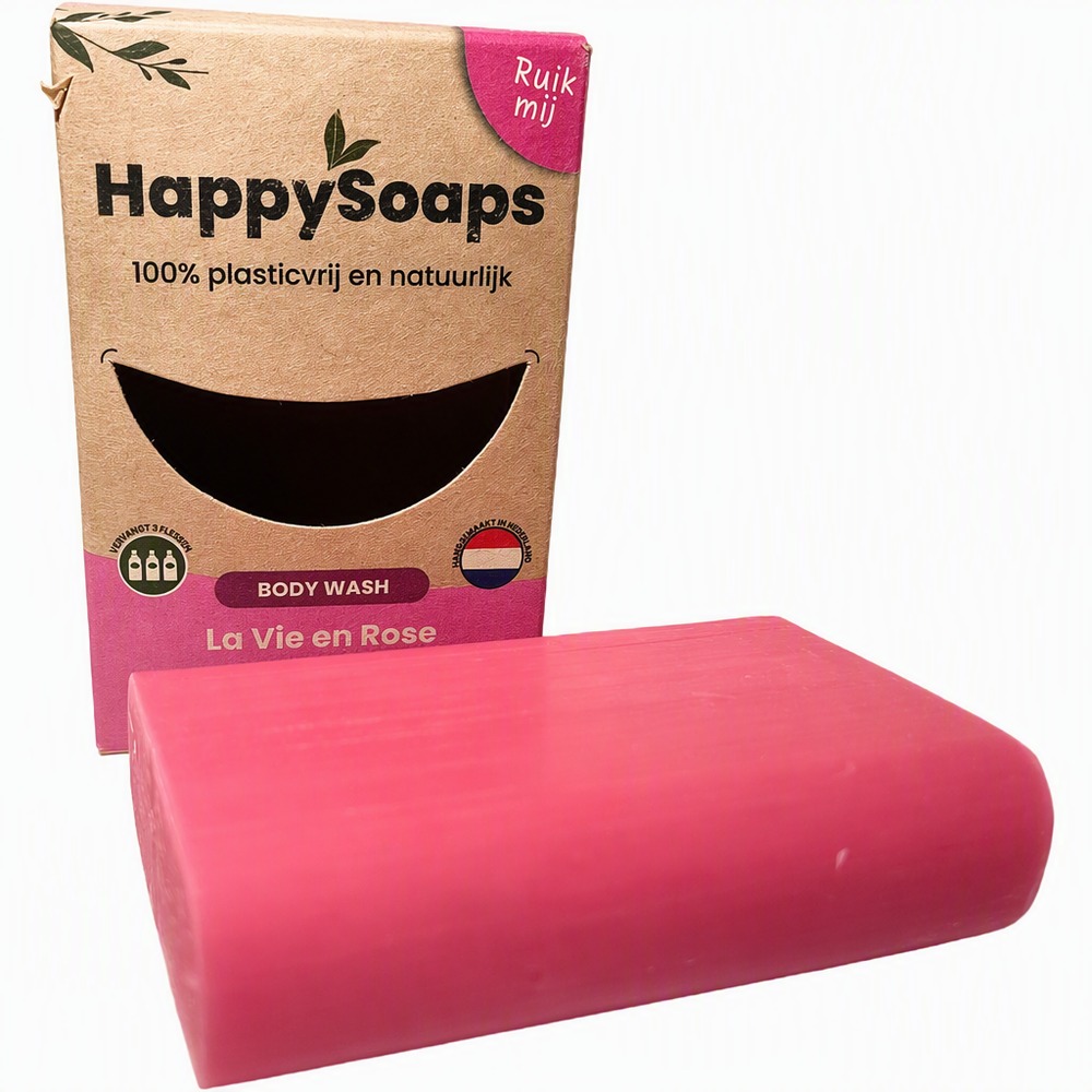 HappySoaps-Natuurlijke-Body-Wash-Bar-–-La-Vie-en-Rose-100g-Doosje-en-zeep