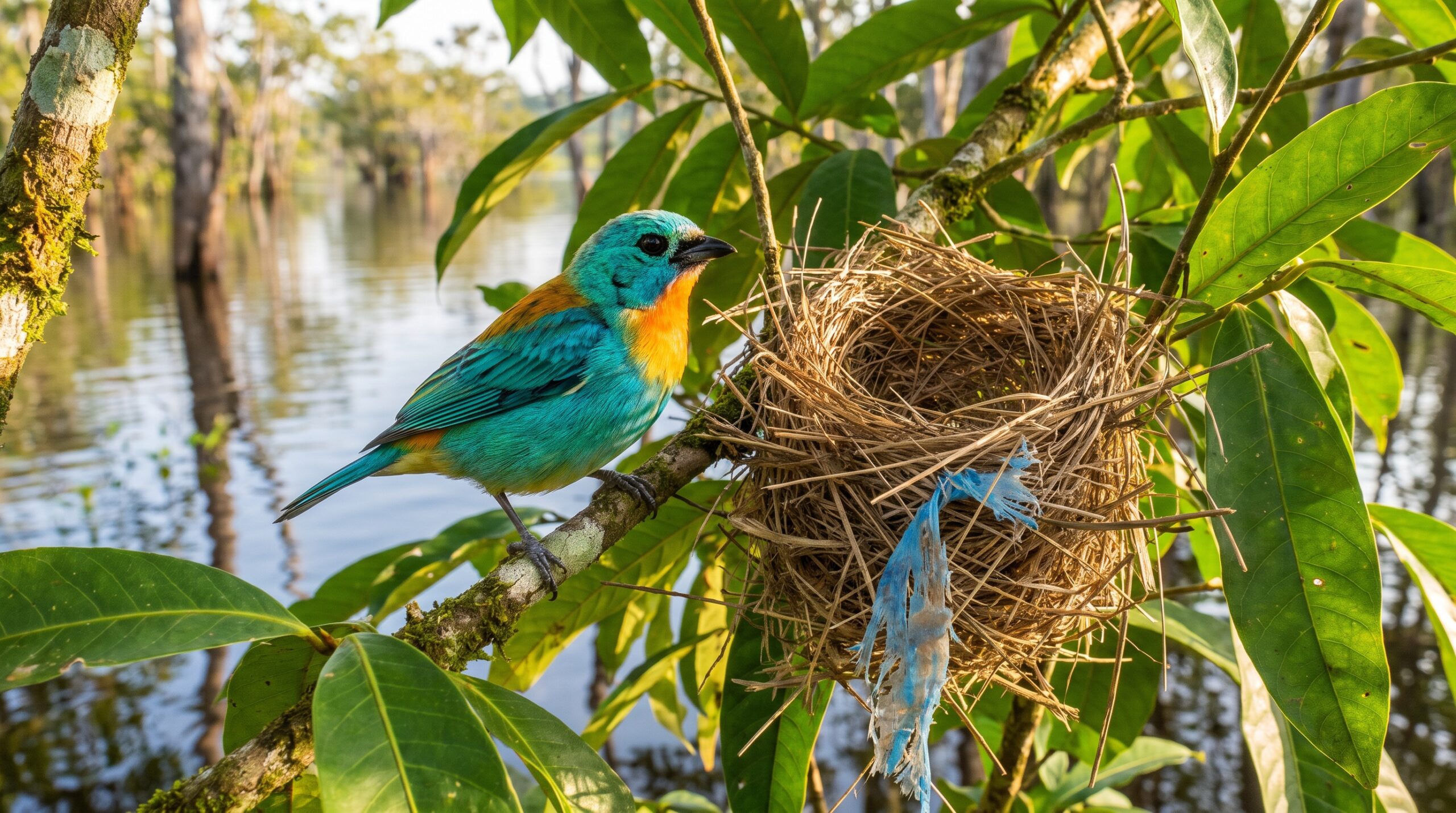 Kleurrijke Amazonevogel zit bij nest met verweven plastic aan rustige lagune