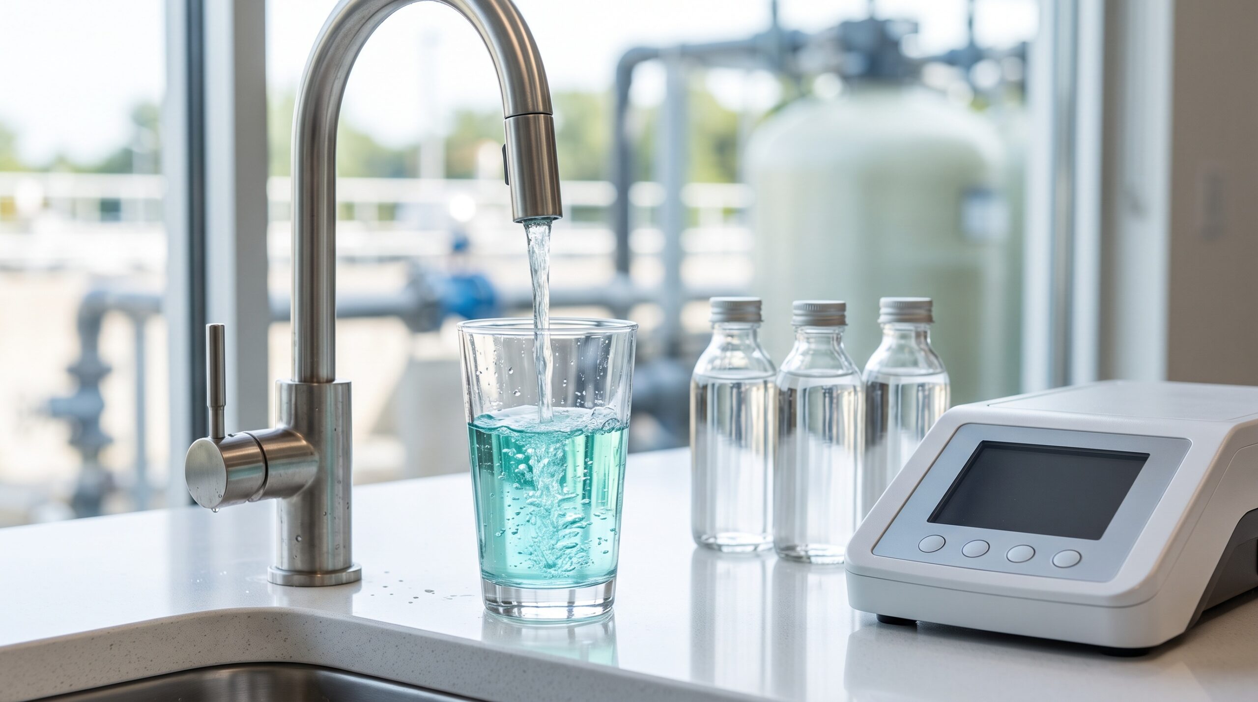 Drinkglas onder kraan naast afgesloten watermonsters en precisieapparatuur voor drinkwateranalyse