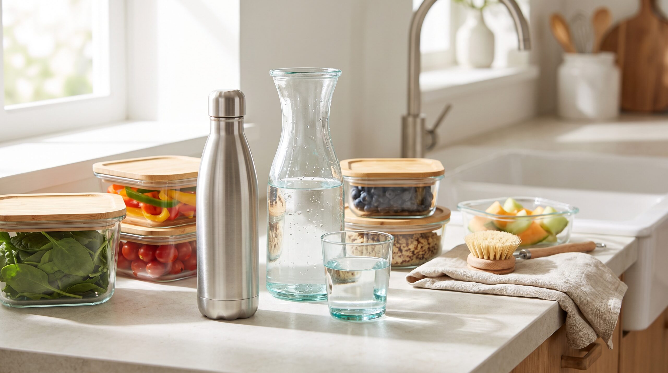 Plasticarme keuzes in de keuken Herbruikbare waterfles, glazen karaf en vers voedsel in een lichte keuken