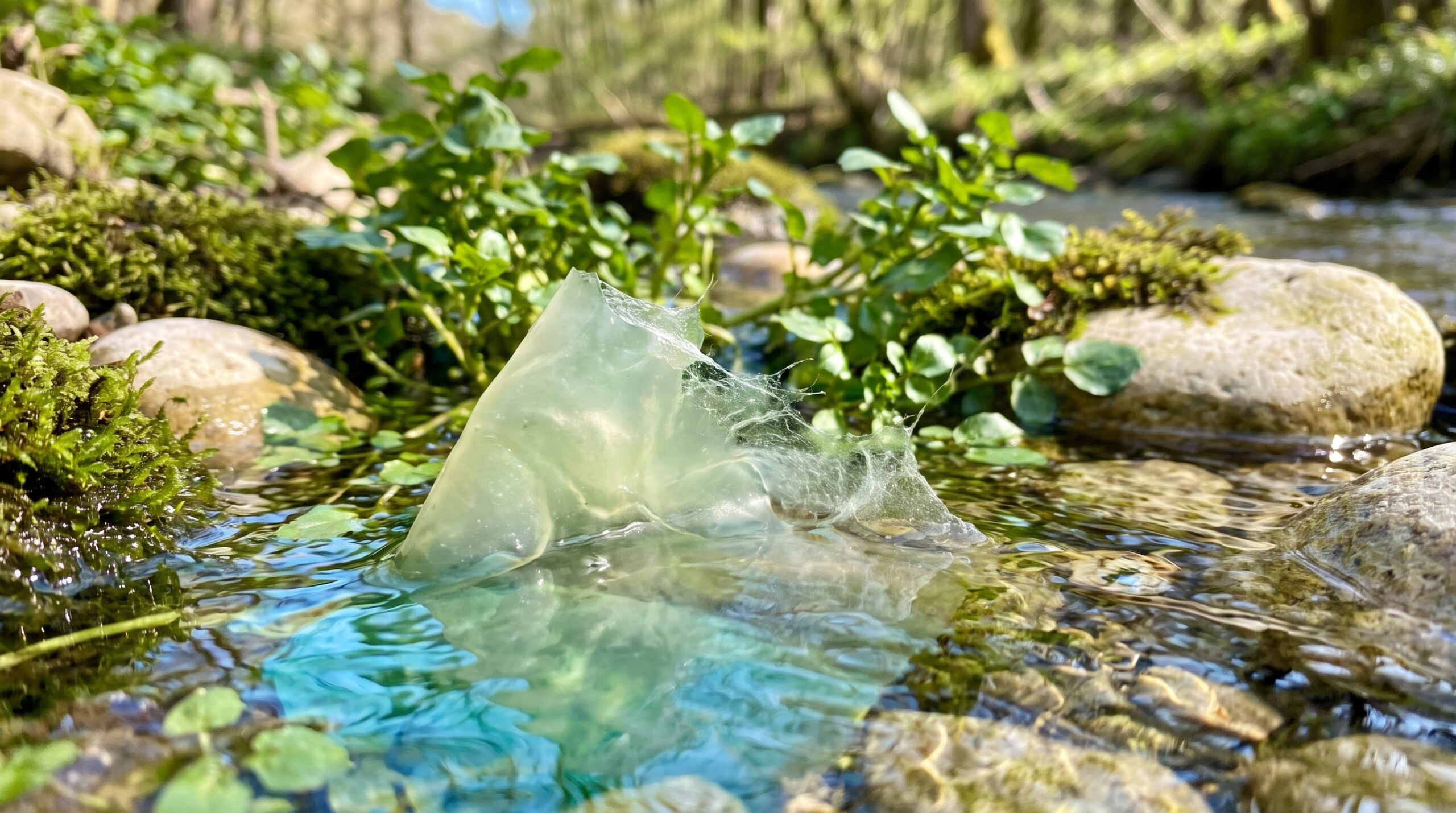 Lichtgroene bioplasticfolie lost gedeeltelijk op in een heldere bosbeek tussen waterplanten