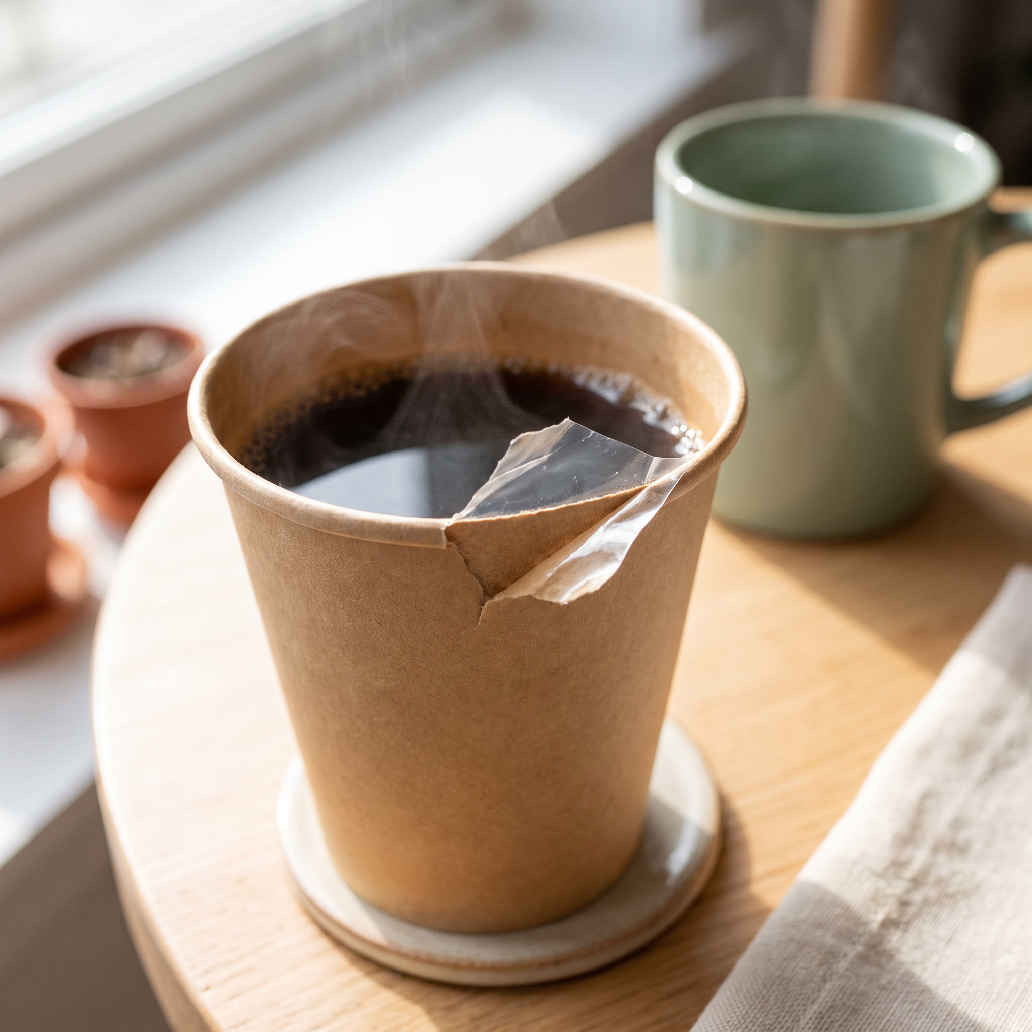 Papieren meeneemkoffiebeker met blootgelegde plastic binnenlaag naast een herbruikbare keramische mok