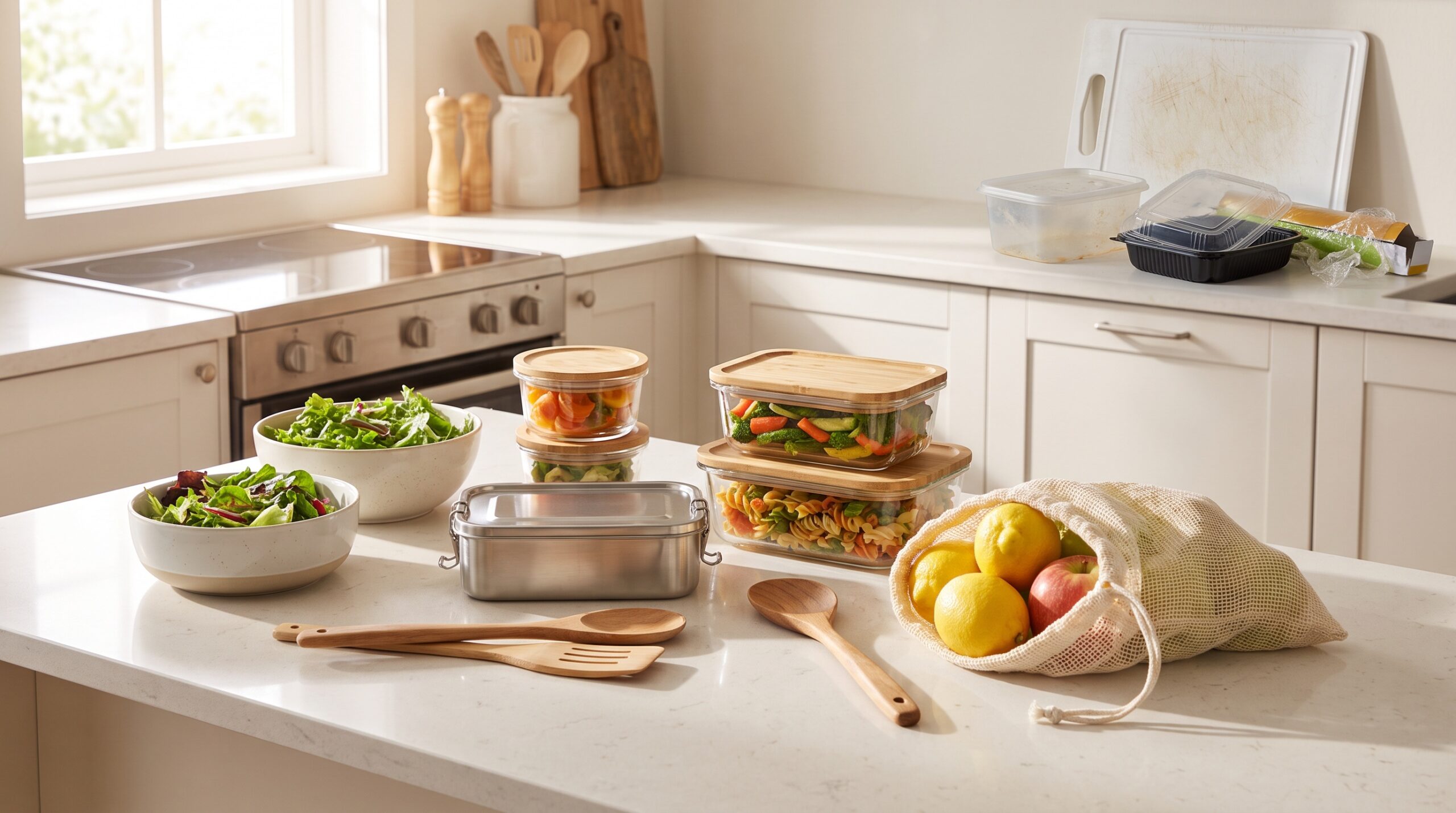 Glazen bewaardozen en stalen lunchbox staan centraal, plastic verpakkingen liggen apart.