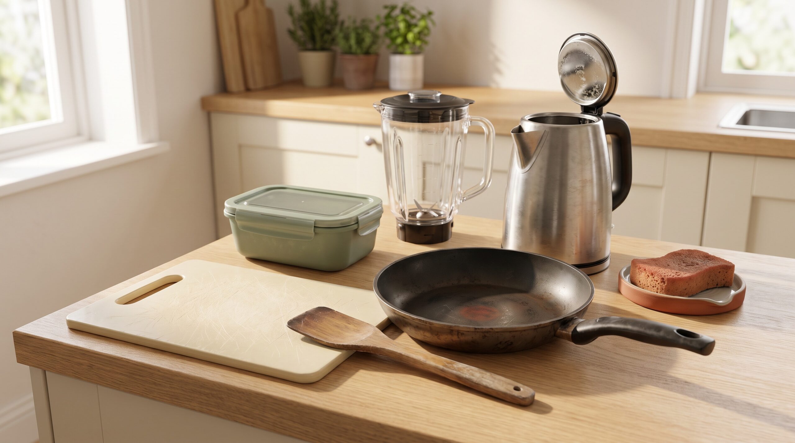 Zeven versleten keukenproducten staan en liggen op een licht houten aanrecht in een zonnige keuken