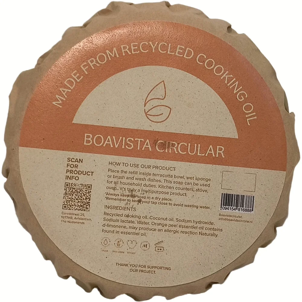 Etiket van Boavista vaste afwaszeep navulling, gemaakt van gerecycleerde bakolie, bovenaanzicht