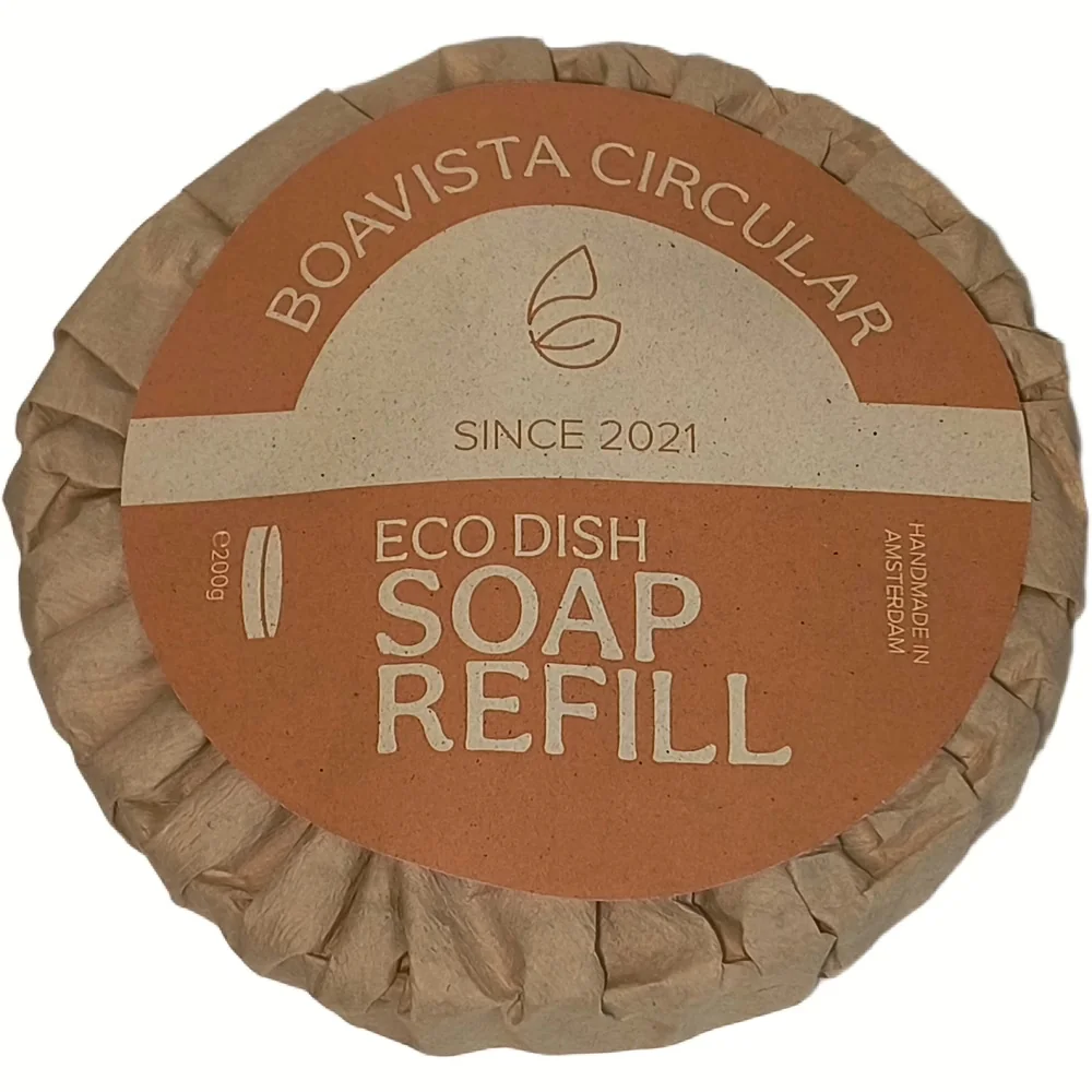Ronde Boavista vaste afwaszeep navulling in papieren wikkel met label Eco Dish Soap Refill