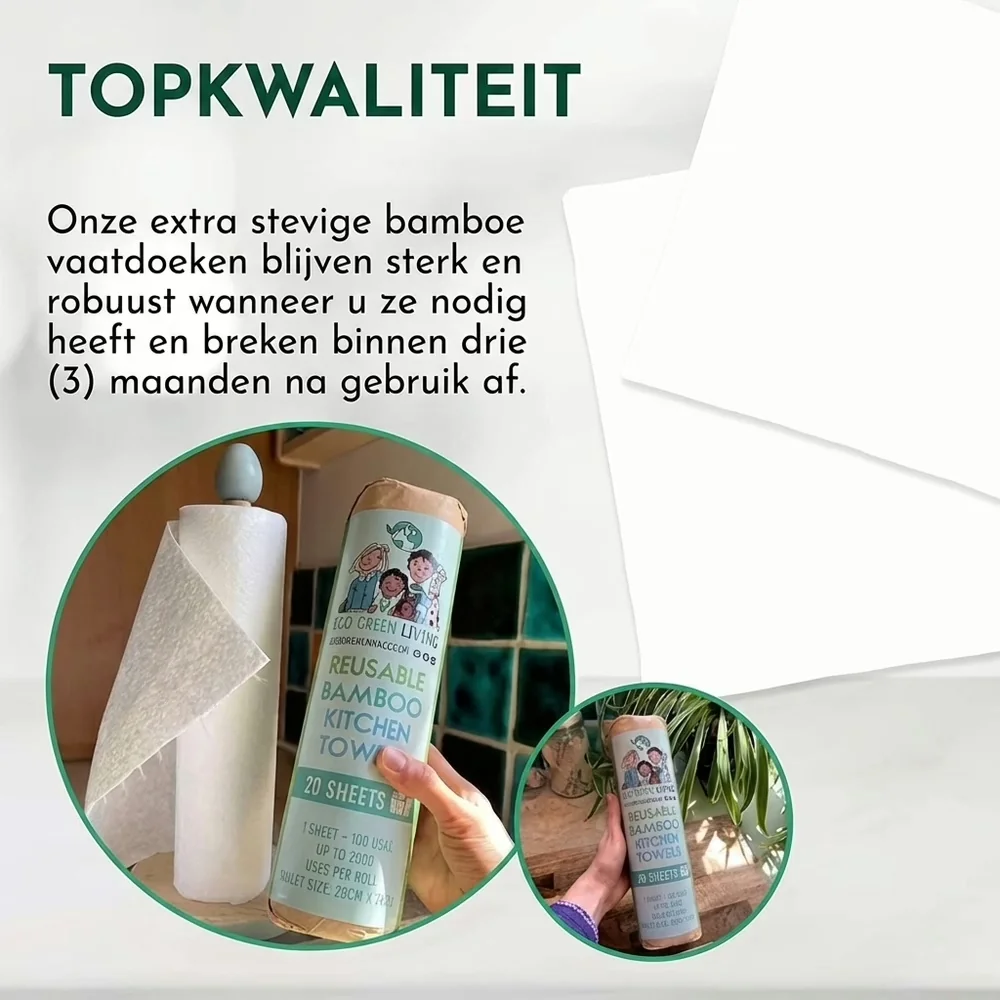 Eco Green Living herbruikbare bamboe keukenrol op houder, met verpakking van 20 vellen in een hand