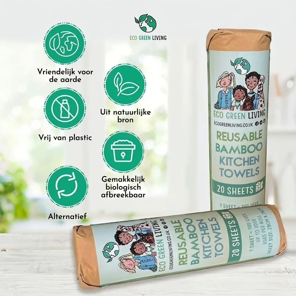 Eco Green Living herbruikbare bamboe keukenrol met verpakking en iconen van de plasticvrije eigenschappen