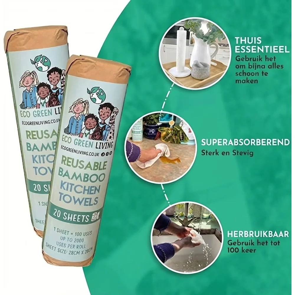 Twee verpakte rollen Eco Green Living herbruikbare bamboe keukenrol met 20 vellen naast voorbeeldfoto's van gebruik