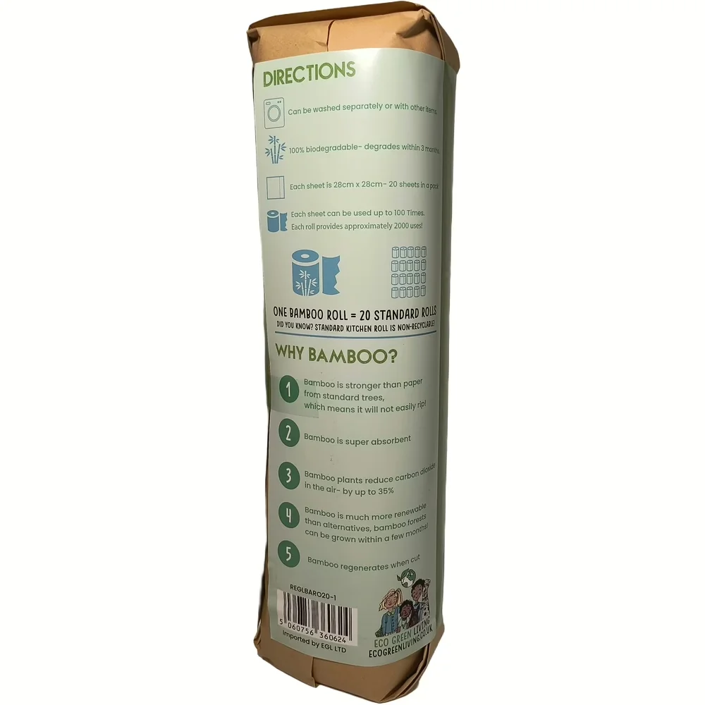 Zijkant van de verpakking van Eco Green Living Bamboo Keukenrol met gebruiksaanwijzing en info over duurzaamheid