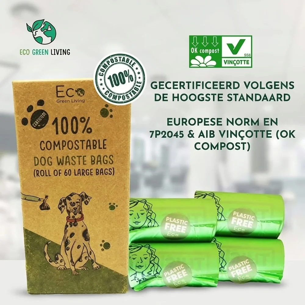 Eco Green Living composteerbare hondenzakjes, doosje met 60 stuks en vier groene rolletjes, OK compost gecertificeerd