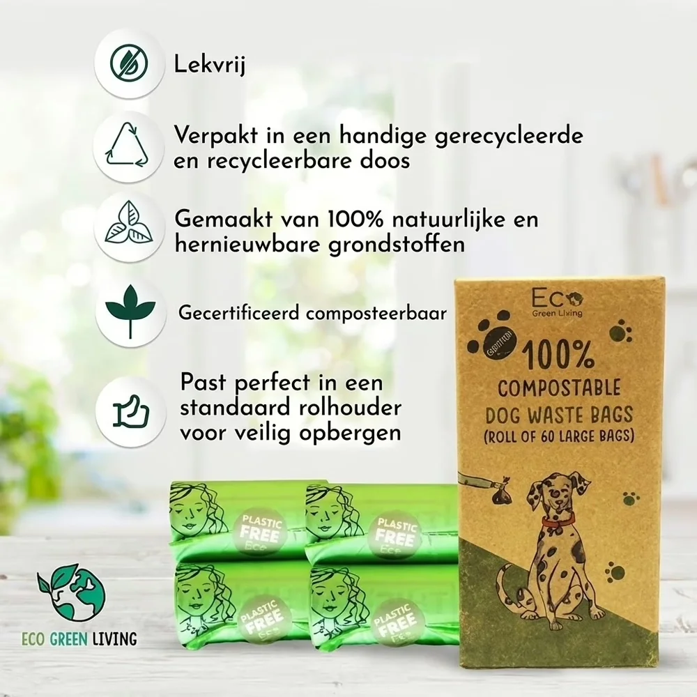 Eco Green Living composteerbare hondenpoepzakjes met doosje en kenmerken zoals lekvrij en plasticvrij