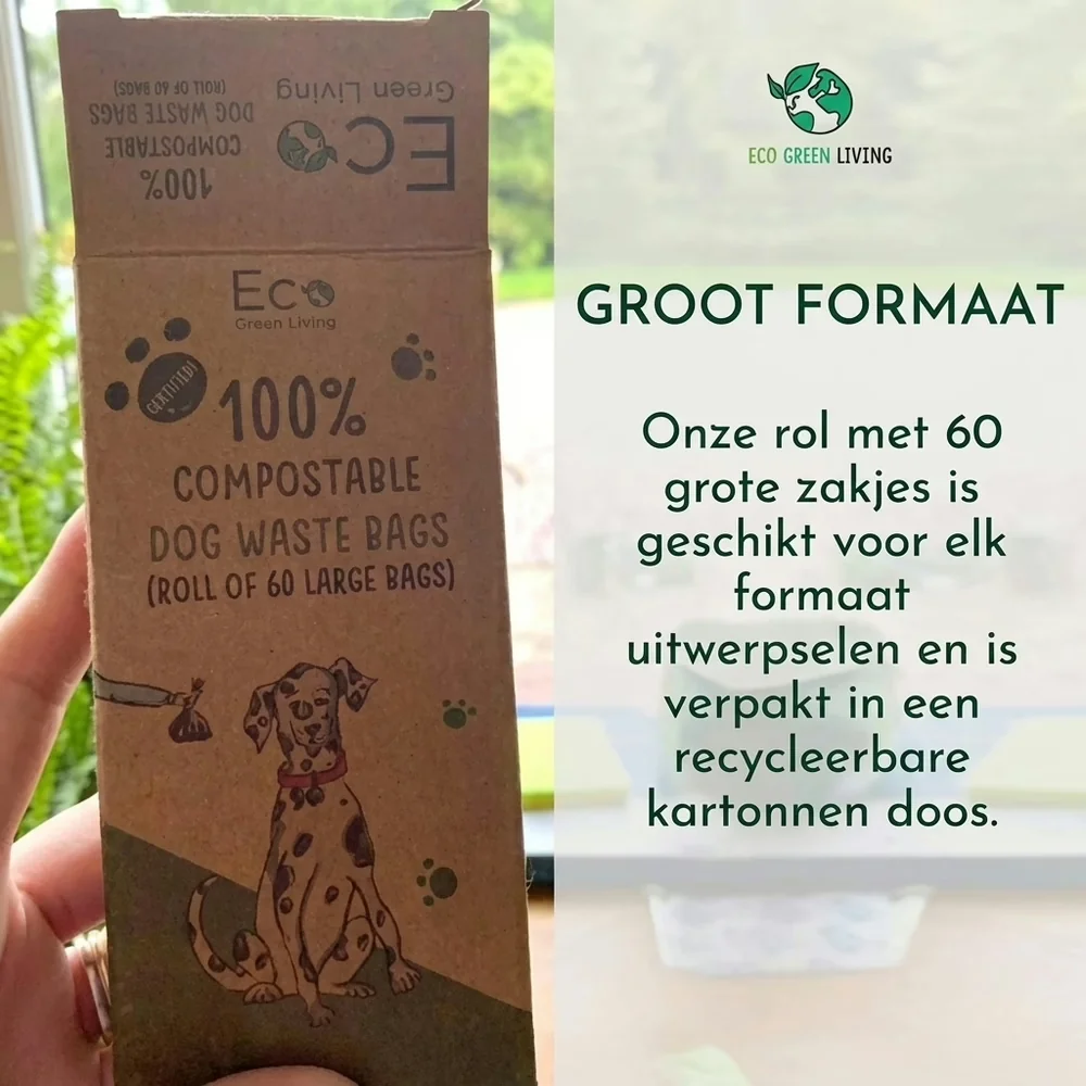 Doosje Eco Green Living composteerbare hondenzakjes met 60 grote zakjes, hand houdt het doosje vast bij een raam