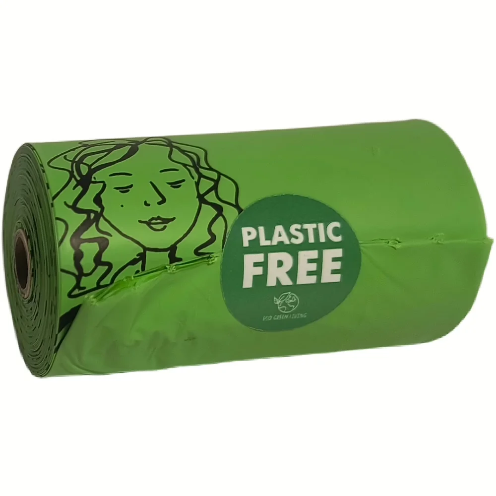 Rol groene composteerbare hondenzakjes van Eco Green Living met sticker Plastic Free en getekend gezicht