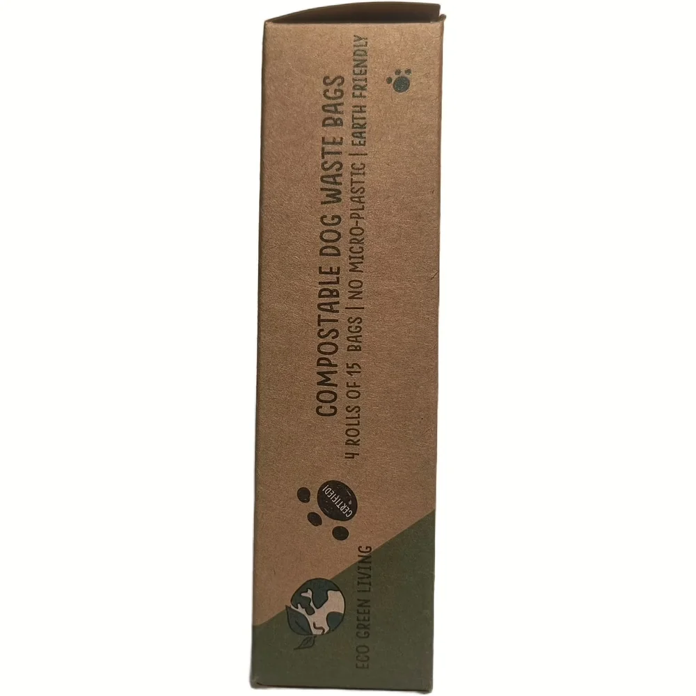 Zijkant van het kraftkleurige doosje composteerbare hondenpoepzakjes van Eco Green Living met 4 rollen van 15 zakjes