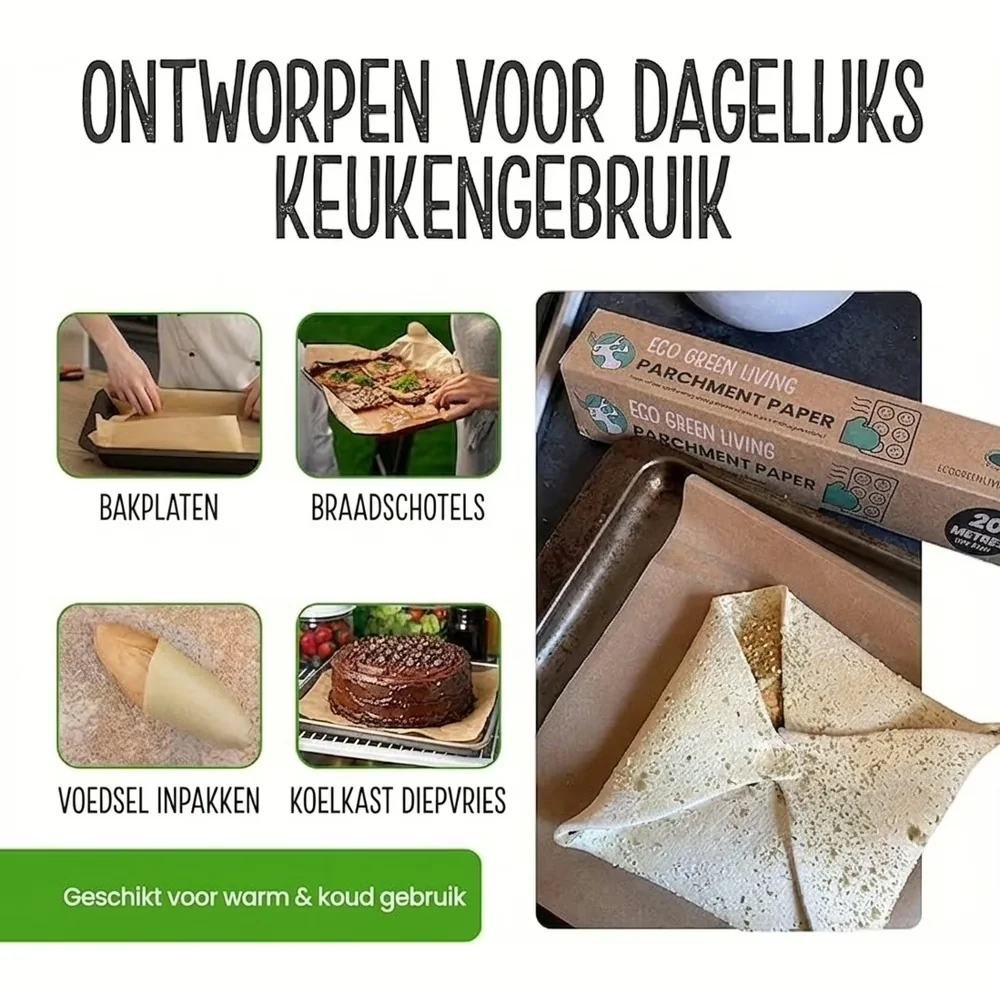 Eco Green Living natuurlijk bakpapier gebruikt op bakplaten, braadschotels, voor voedsel inpakken en in de koelkast