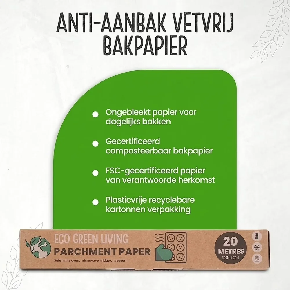 Doosje Eco Green Living anti-aanbak vetvrij bakpapier van 20 meter met uitleg over de voordelen
