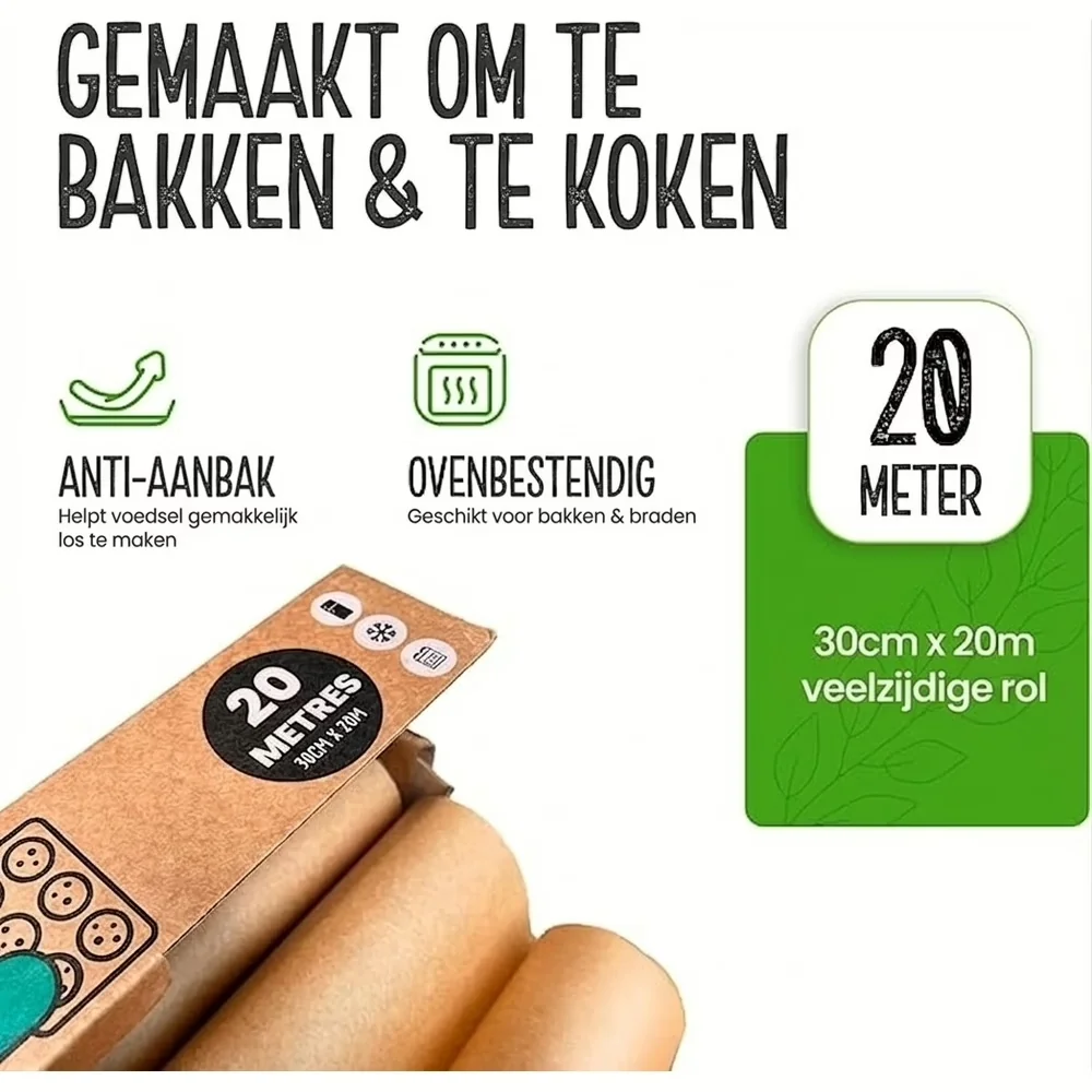 Eco Green Living natuurlijk bakpapier, 30cm x 20m, anti-aanbak en ovenbestendig