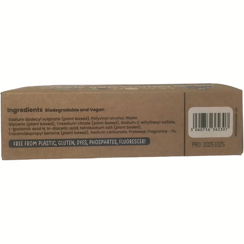 Kartonnen doosje van Eco Green Living vaatwasstrips met ingrediëntenlijst en barcode op de zijkant