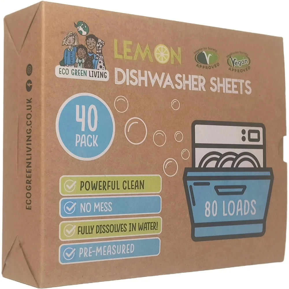 Doosje van Eco Green Living vaatwasstrips met citroengeur, 40 stuks voor 80 wasbeurten