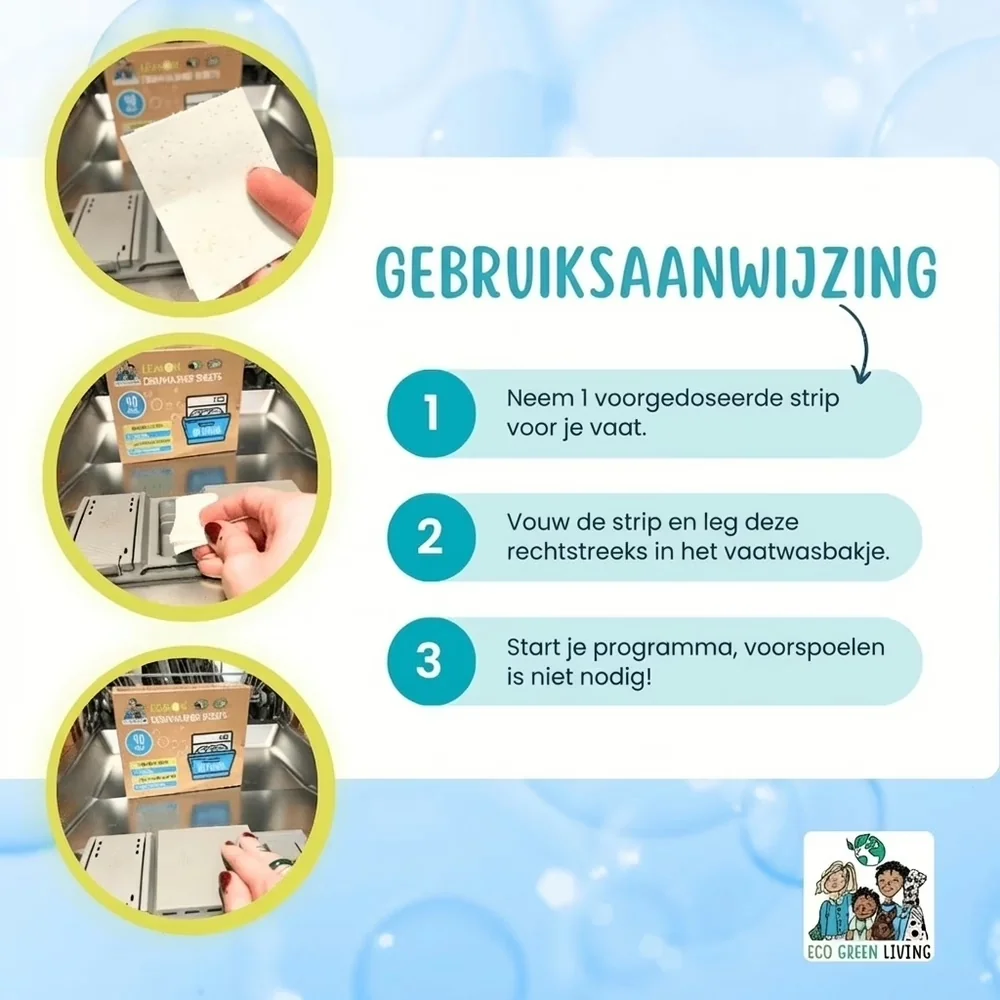 Gebruiksaanwijzing van Eco Green Living vaatwasstrips in drie stappen met foto's van dosering in de vaatwasser