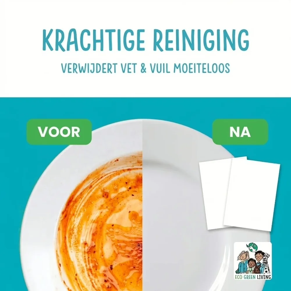 Eco Green Living vaatwasstrips tonen een vuil bord voor en een schoon bord na gebruik