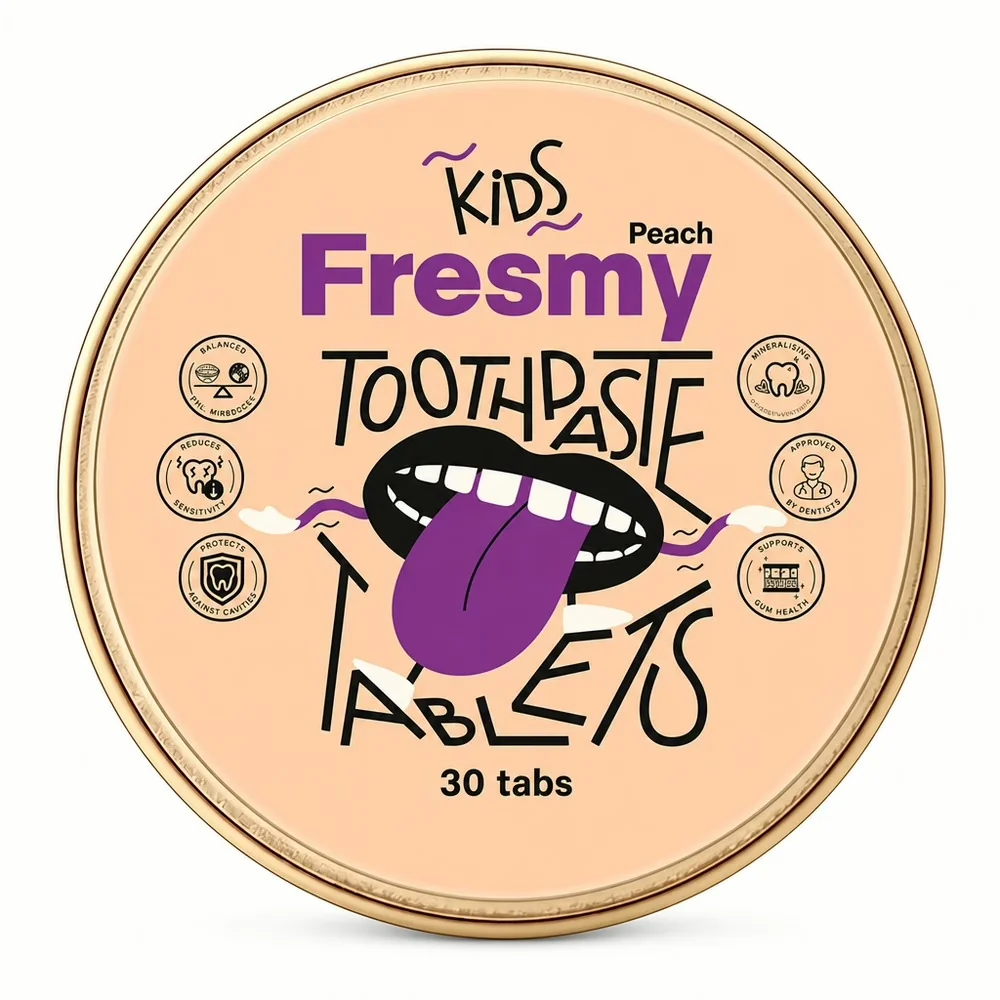 Deksel van Fresmy Tandpasta Tablets Kids Perzik, 30 stuks, met tekening van mond en tong