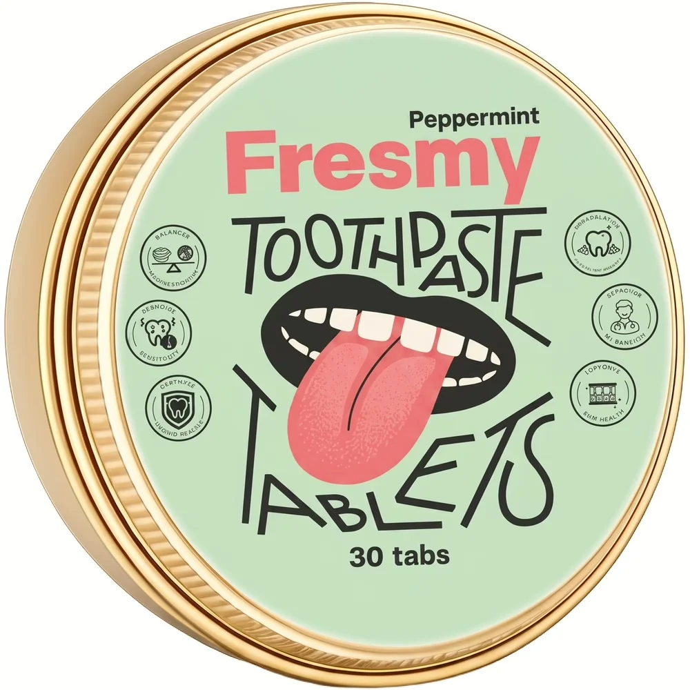 Gouden blik Fresmy Tandpasta Tablets Peppermint met 30 stuks, bovenaanzicht met tong en tandenillustratie