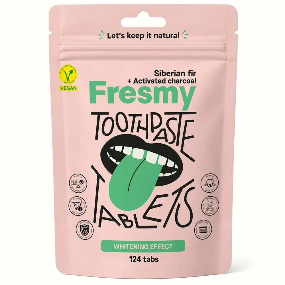 Roze zak Fresmy tandpasta tabletten met Siberian fir en activated charcoal, whitening effect, 124 stuks