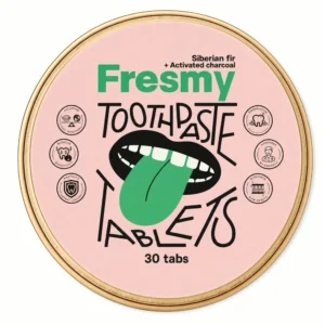 Rond doosje Fresmy tandpasta tabletten met Siberian fir en activated charcoal, 30 stuks, bovenaanzicht