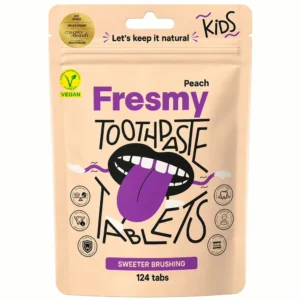 Verpakking van Fresmy Tandpasta Tabletten voor Kids met perzik, 124 tabs, vegan en natuurlijk