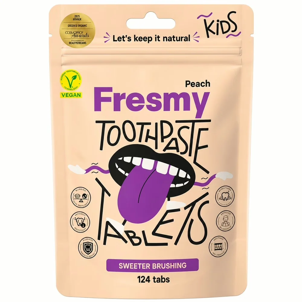 Verpakking van Fresmy Tandpasta Tabletten voor Kids met perzik, 124 tabs, vegan en natuurlijk