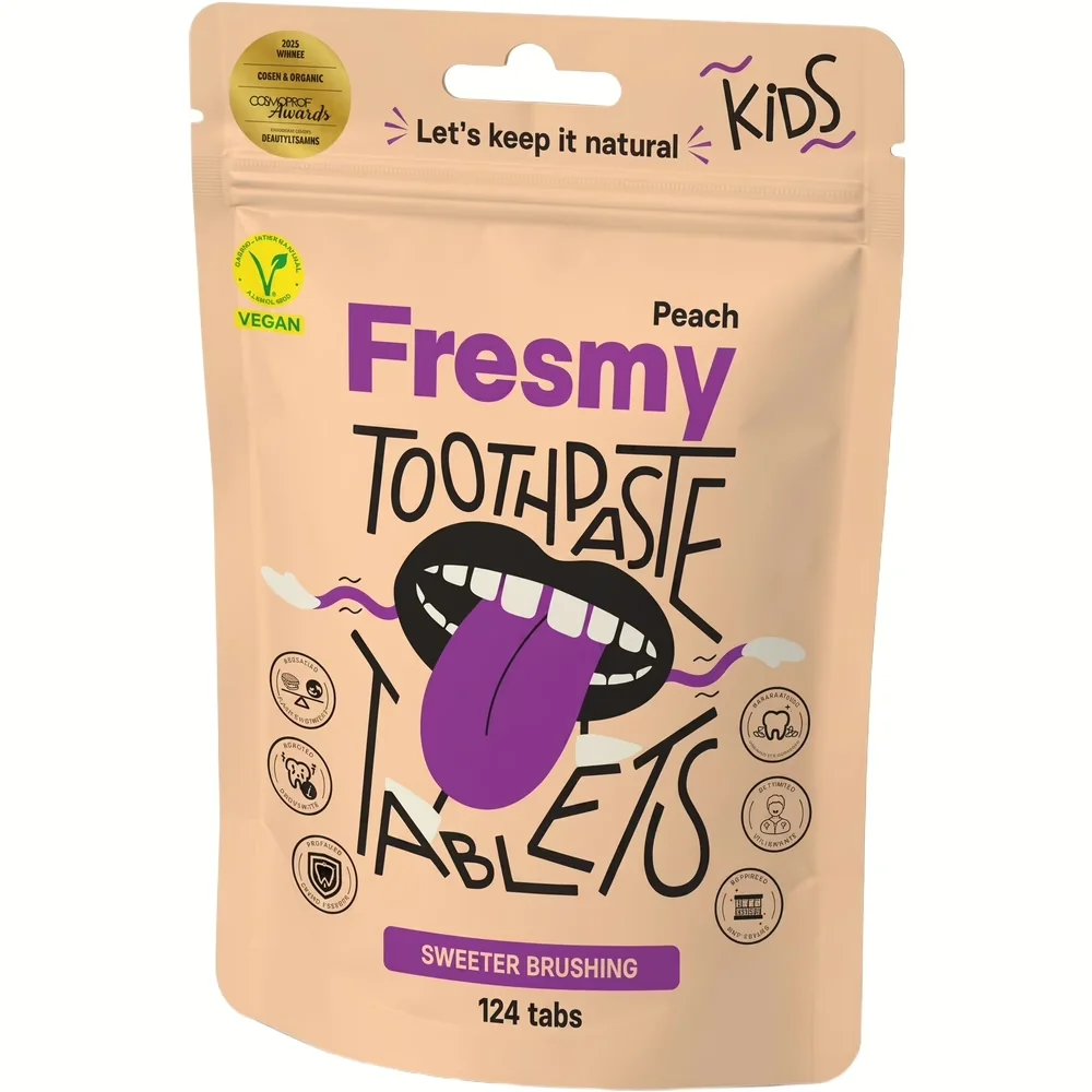 Voorkant verpakking van Fresmy Tandpasta Tablets voor Kids met perziksmaak, 124 stuks, vegan en plasticvrij
