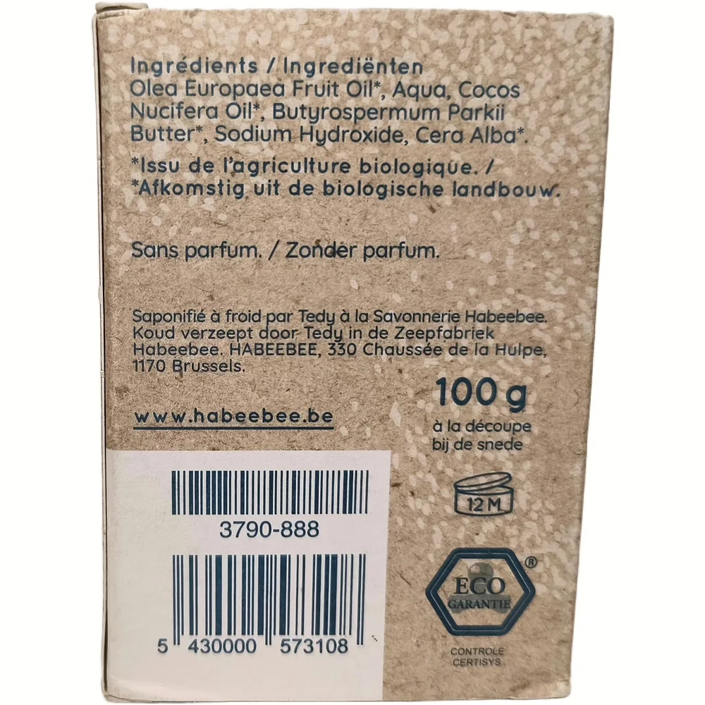 Achterkant van het doosje van Habeebee Savon Doux met ingrediëntenlijst, barcode en eco-garantie logo