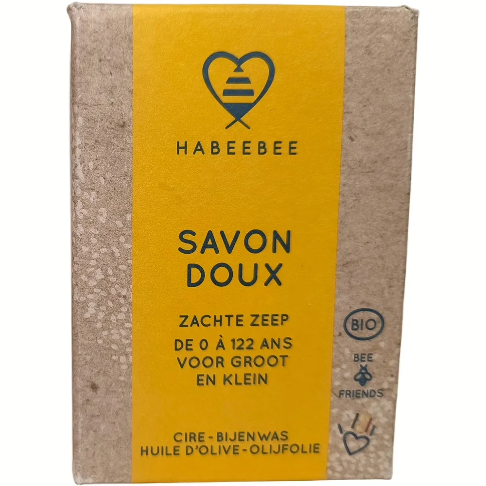 Verpakking van Habeebee Savon Doux, ultra-zachte bio zeep met bijenwas en olijfolie, 100g