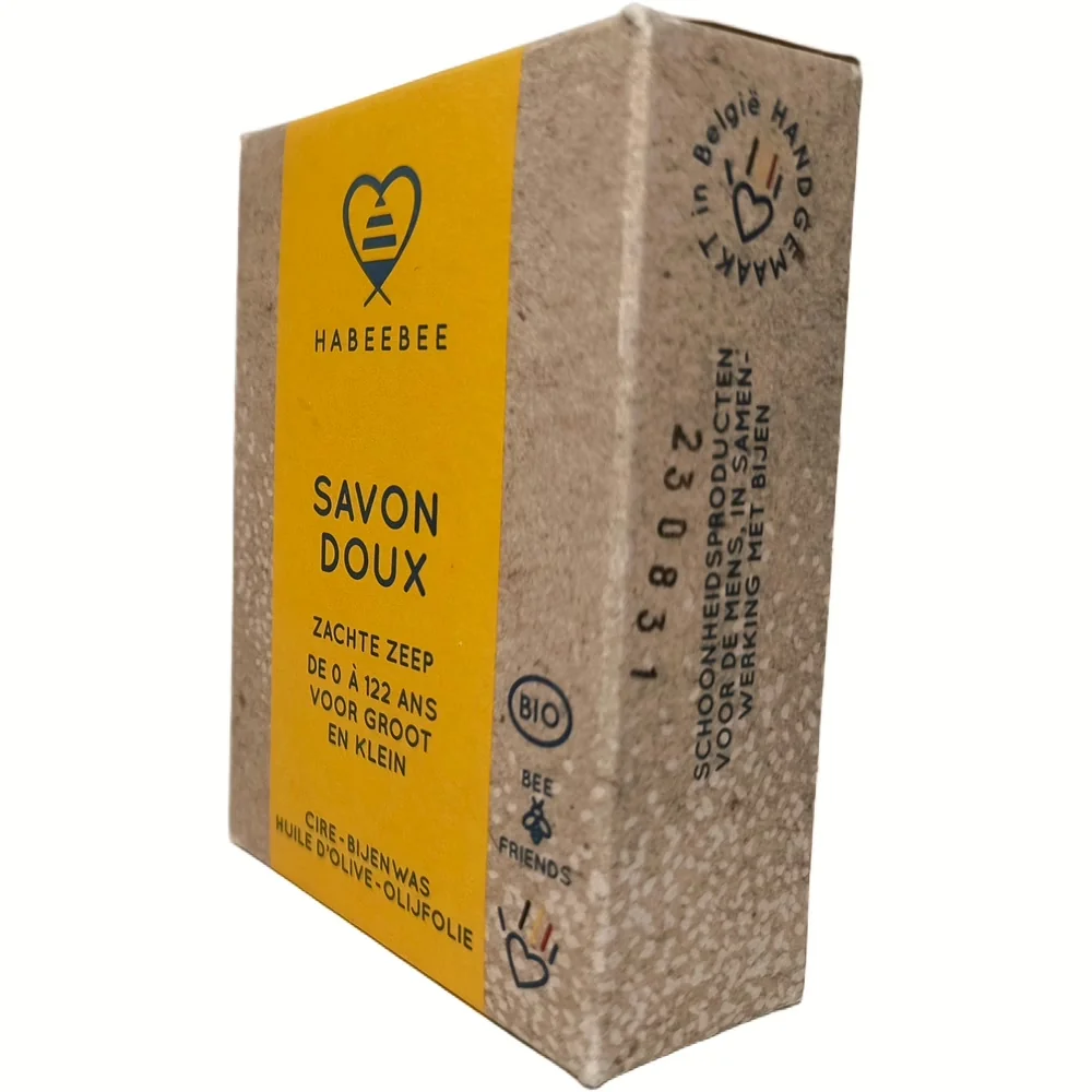 Zijkant van het kartonnen doosje van Habeebee Savon Doux, ultra-zachte bio zeep met extra bijenwas van 100g