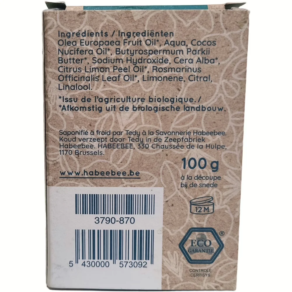 Habeebee Savon Tonic – Verkwikkende Bio Zeep met Citroen & Rozemarijn (100g) - Doosje achterkant
