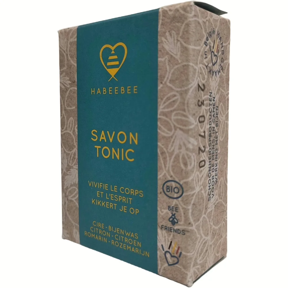 Doosje van Habeebee Savon Tonic, verkwikkende bio zeep met citroen en rozemarijn, schuin van voren