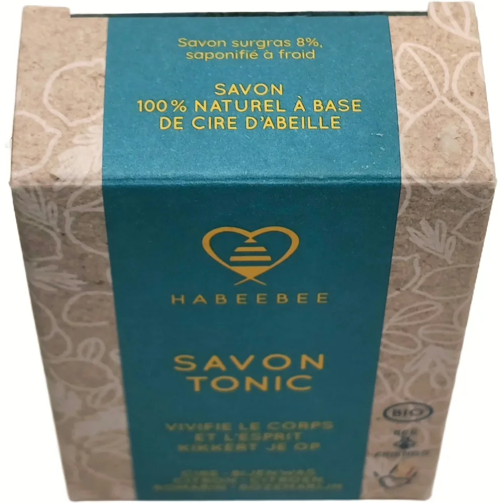 Kartonnen doosje van Habeebee Savon Tonic, bio zeep met citroen en rozemarijn op basis van bijenwas, 100g