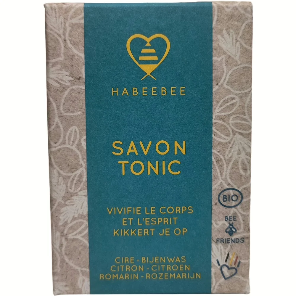 Voorkant doosje Habeebee Savon Tonic, bio zeep met bijenwas, citroen en rozemarijn, 100g