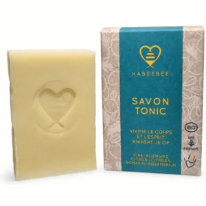 Habeebee Savon Tonic bio zeep met citroen en rozemarijn naast het bijhorende kartonnen doosje