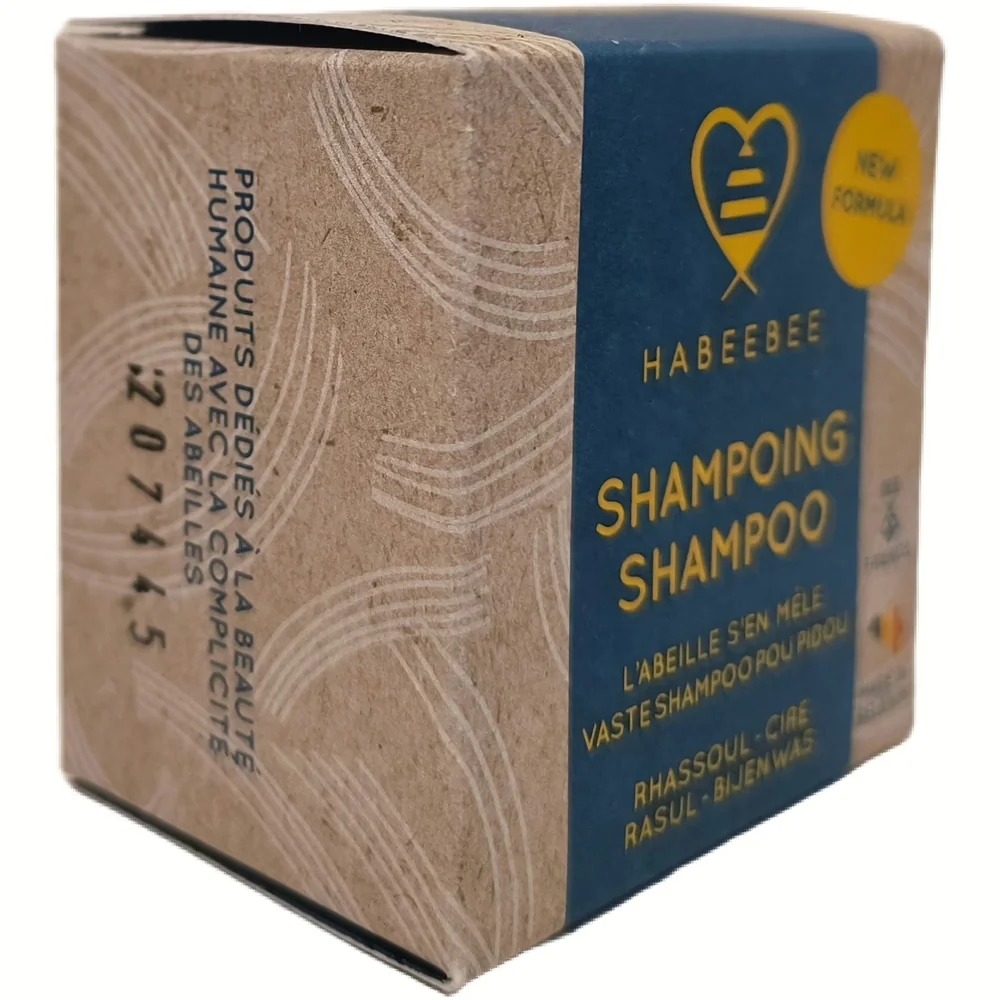 Kartonnen doosje van Habeebee vaste shampoo L'Abeille S'en Mêle, hoekaanzicht met rhassoul en bijenwas vermeld