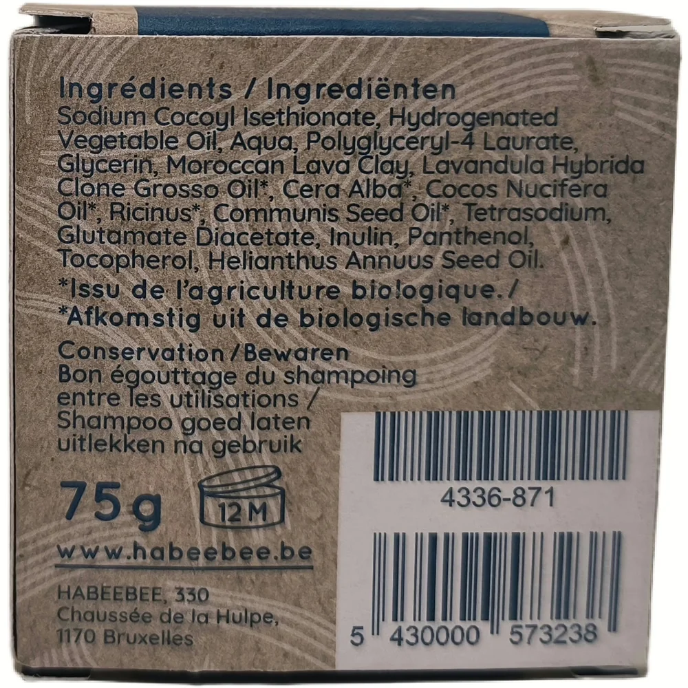Achterkant van het doosje van Habeebee vaste schuimende shampoo L'Abeille S'en Mêle met ingrediëntenlijst en barcode